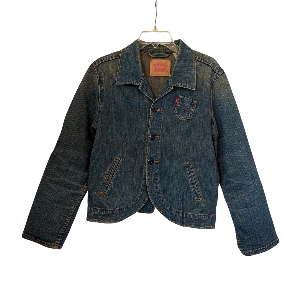 VTG Levis Women Denim Blazer Jean Jacket Large Blue 3 Button Curved Hem Crop Y2K